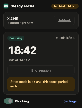 Toolbar popup in dark mode during a focus session with 18:42 left