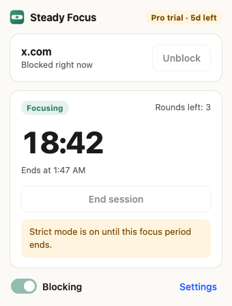Toolbar popup during a focus session: 18:42 left, 3 rounds left, with a note that strict mode is on until this focus period ends