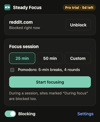 Steady Focus toolbar popup in dark mode: reddit.com is blocked right now, with buttons to start a 25 or 50 minute focus session