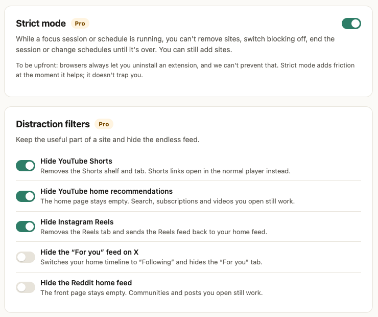 Strict mode switched on, and distraction filters for YouTube Shorts, YouTube home recommendations, Instagram Reels, the X For you feed and the Reddit home feed